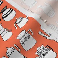coffee and teapots // vintage retro orange kitchen fabric cute hand-drawn scandi fabric andrea lauren design