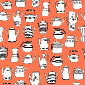 coffee and teapots // vintage retro orange kitchen fabric cute hand-drawn scandi fabric andrea lauren design