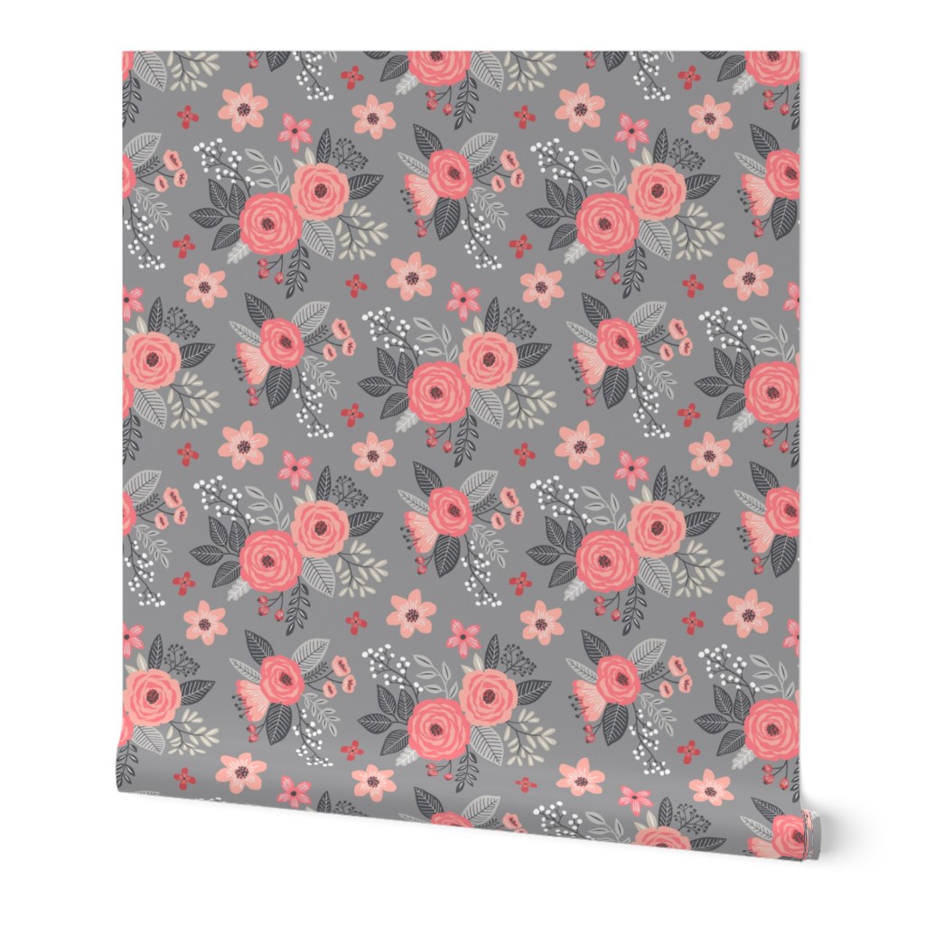 Vintage Antique Floral Flowers Peach on Grey  Smaller