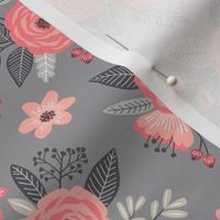 Vintage Antique Floral Flowers Peach on Grey  Smaller