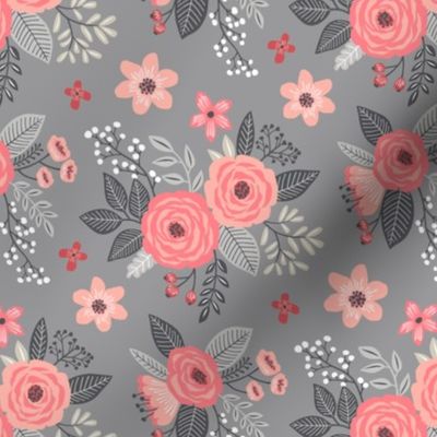 Vintage Antique Floral Flowers Peach on Grey  Smaller