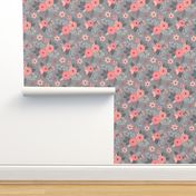 Vintage Antique Floral Flowers Peach on Grey  Smaller