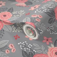 Vintage Antique Floral Flowers Peach on Grey  Smaller