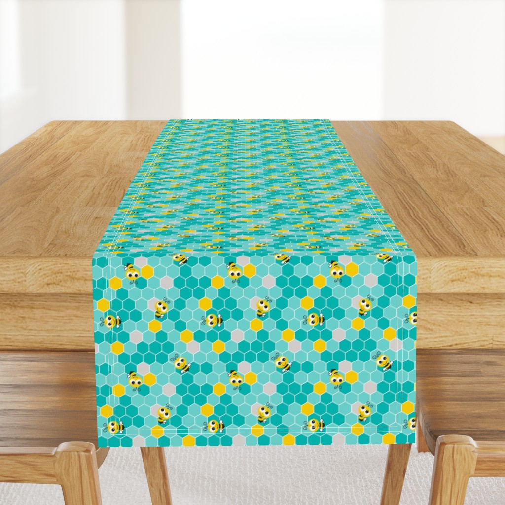 Honeycomb Pattern Small with Bees Teal on Teal