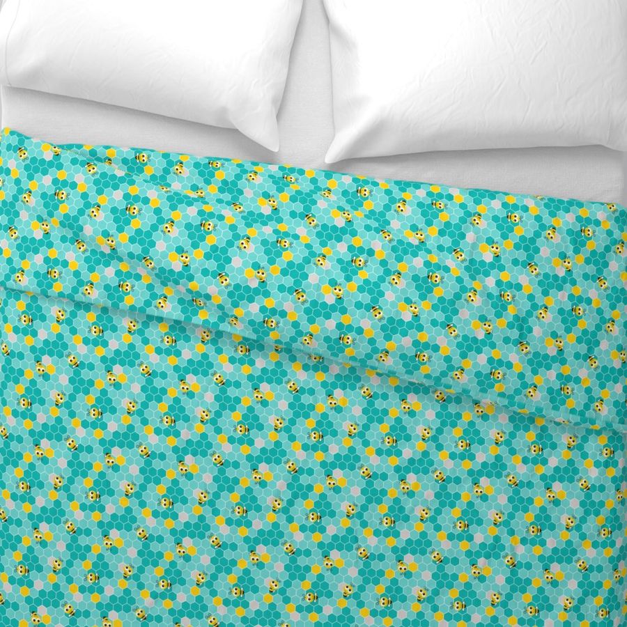 Honeycomb Pattern Small with Bees Teal on Teal