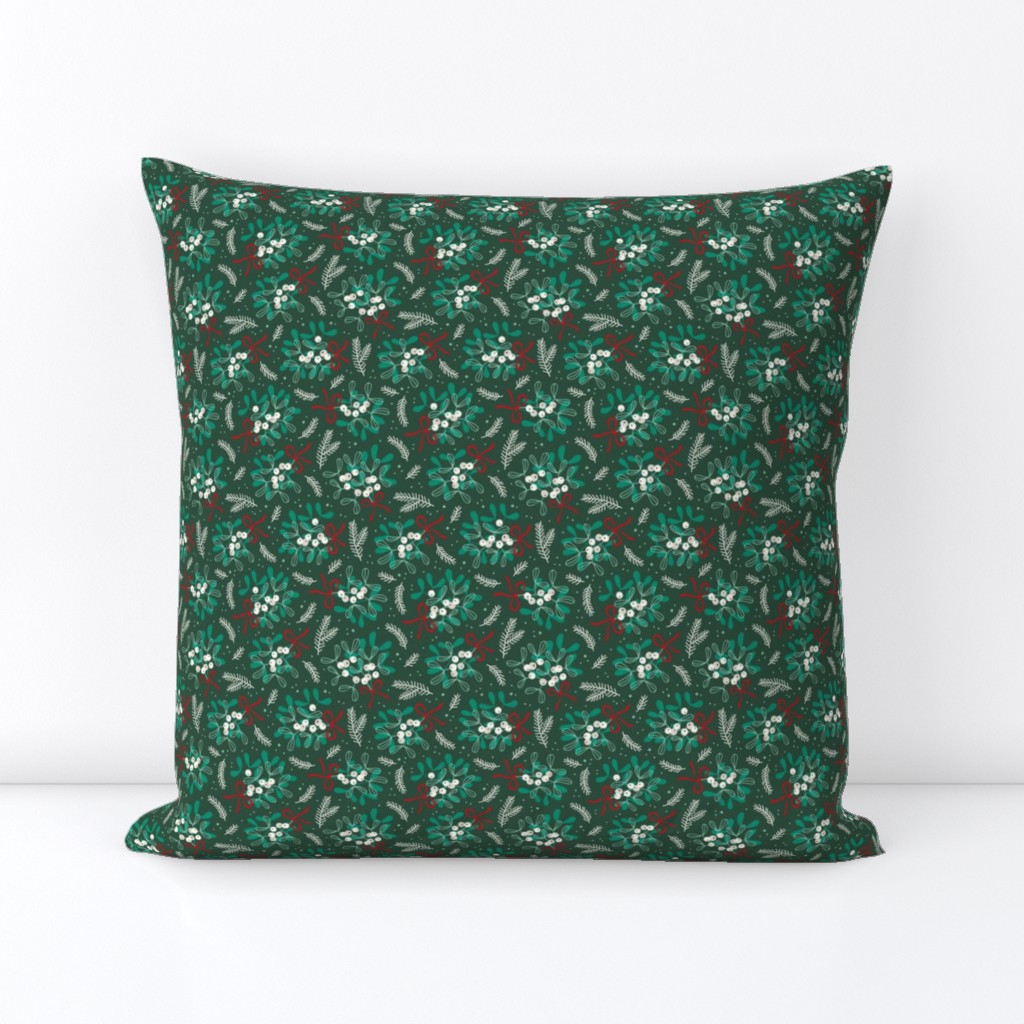 Vintage christmas ditsy mistletoe on dark green