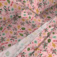 Vintage Christmas/ Pink Winter Holidays Fabric/ Gingerbread Mistletoe Fabric