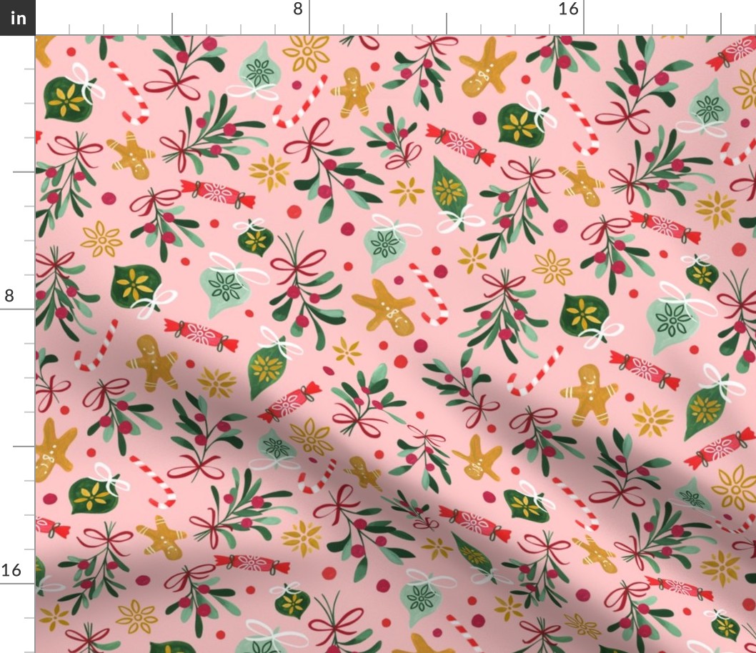Vintage Christmas/ Pink Winter Holidays Fabric/ Gingerbread Mistletoe Fabric