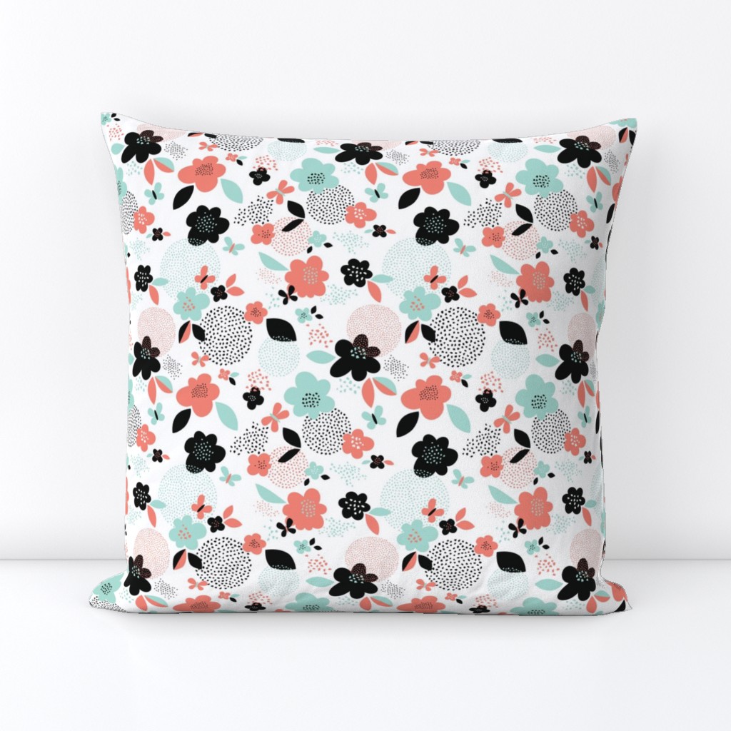 *New* smaller Scattered Flowers // by petite_circus // black and white mint coral peach // cute baby kids nursery //