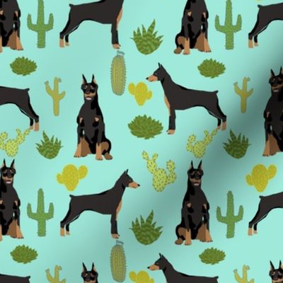 doberman dog fabric doberman pinscher  aqua cactus fabric