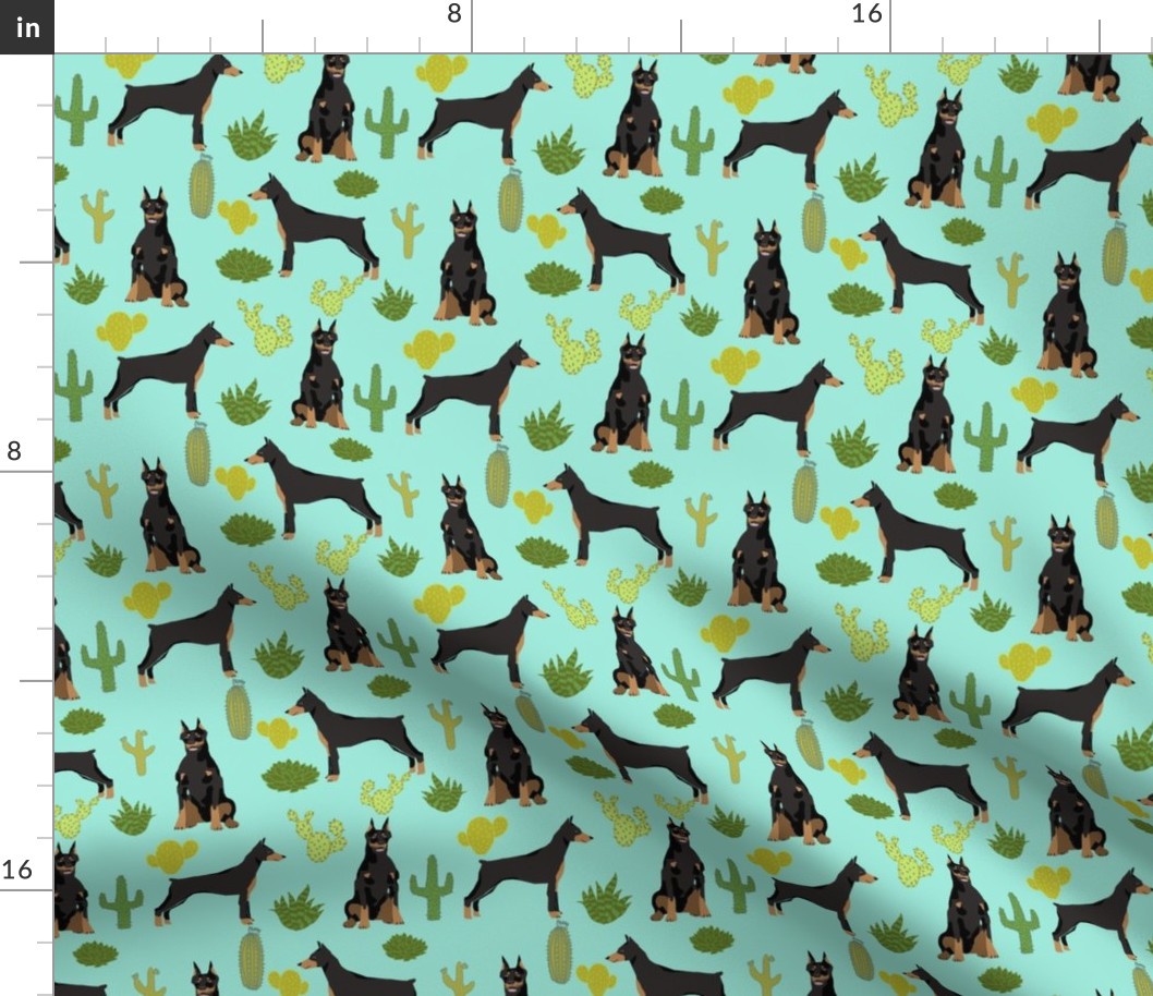 doberman dog fabric doberman pinscher  aqua cactus fabric