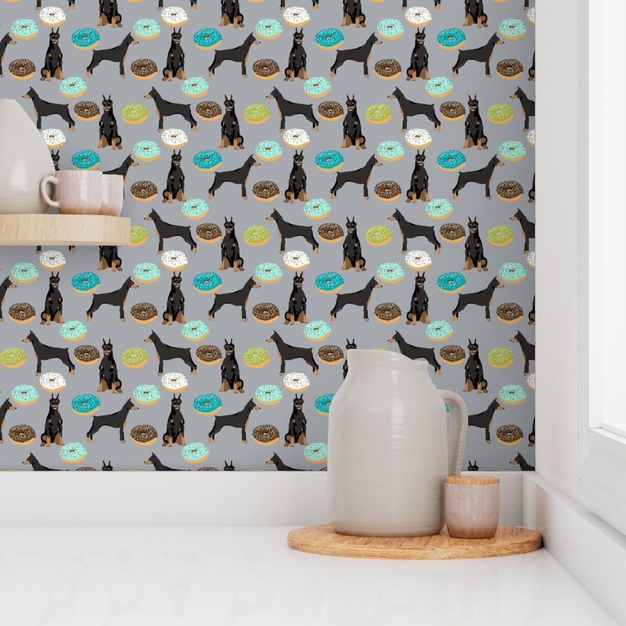 doberman dog fabric doberman pinscher grey donuts fabric