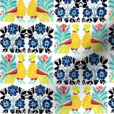 retro vintage tribal folk art birds flowers floral leaves leaf checkered chequer