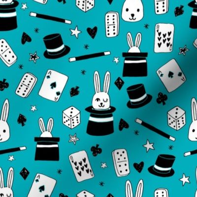 magic show // turquoise magic fabric cute magician kids design best magic rabbit in a hat novelty fabric for kids