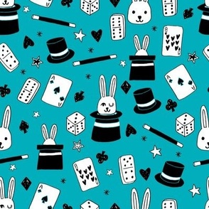 magic show // turquoise magic fabric cute magician kids design best magic rabbit in a hat novelty fabric for kids