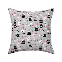 magic show // grey and pink magic design magician fabric cute kids design rabbit in a hat 