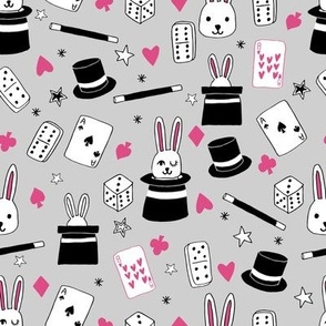 magic show // grey and pink magic design magician fabric cute kids design rabbit in a hat 