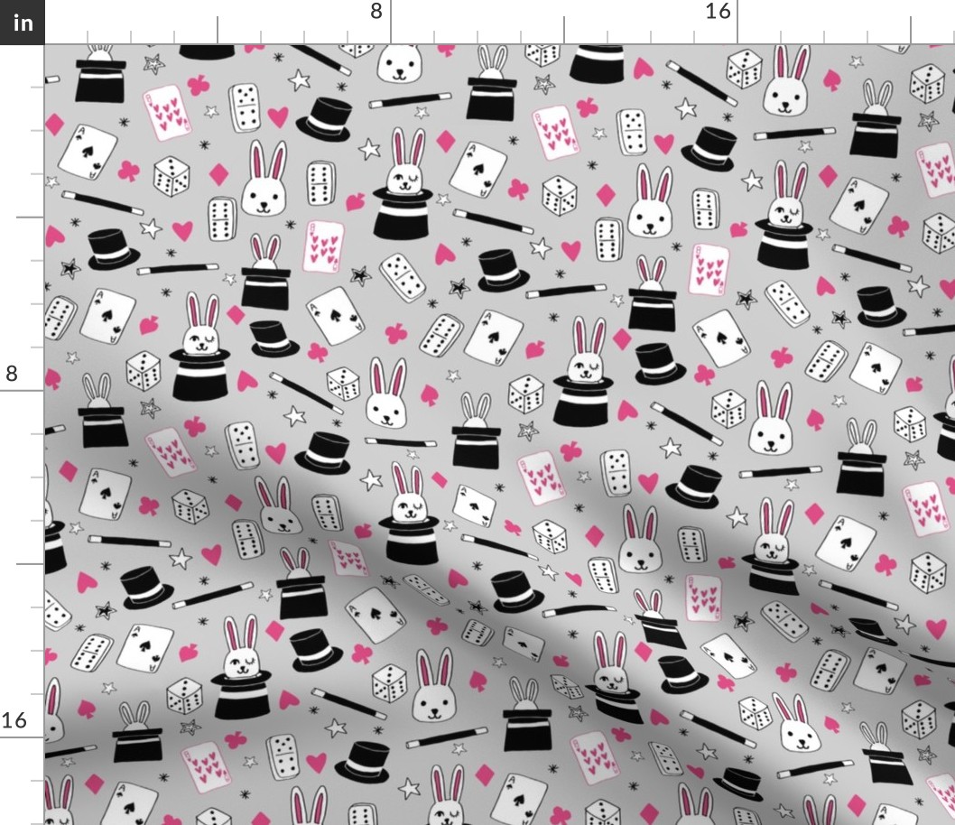 magic show // grey and pink magic design magician fabric cute kids design rabbit in a hat 