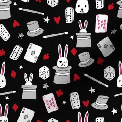 magic show // black red and grey magic show fabric bunnies dominoes dice fabric magic kids fabric