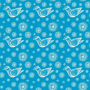 Holiday Bird with Snowflakes and Starbursts, Bright Blue and White