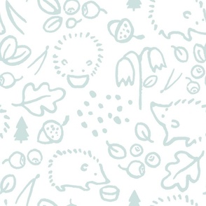 Woodland Animals Wallpaper Hedgehogs and Blueberries Mint Large Scale