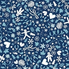 Mistletoe & Gingerbread Ditsy - Blue and white