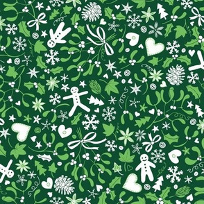 Mistletoe & Gingerbread Ditsy - Green and white