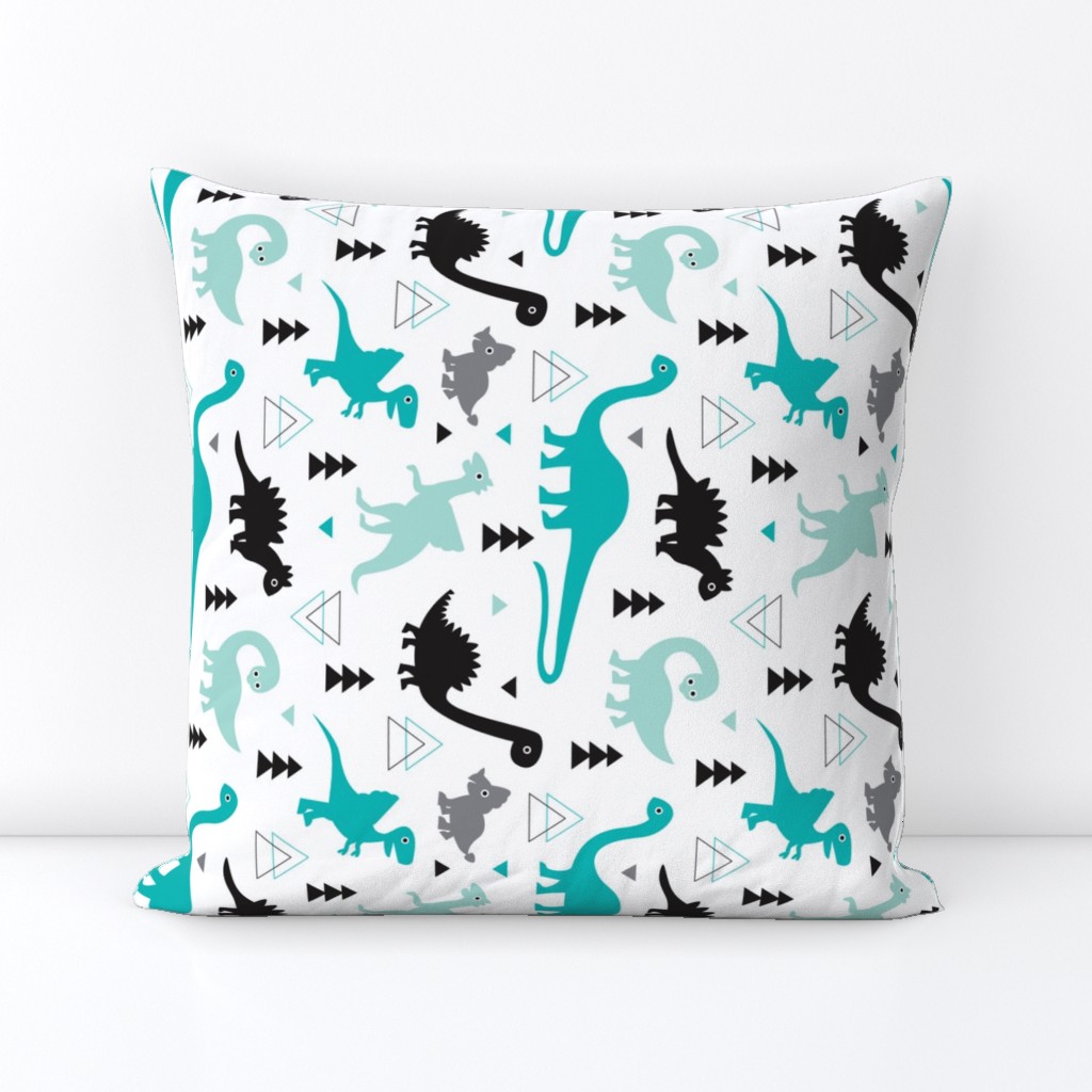 Adorable dino boys fabric with black and blue dinosaur geometric triangles and funky animal illustration theme for kids Flipped