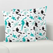 Adorable dino boys fabric with black and blue dinosaur geometric triangles and funky animal illustration theme for kids Flipped