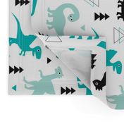 Adorable dino boys fabric with black and blue dinosaur geometric triangles and funky animal illustration theme for kids Flipped