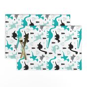 Adorable dino boys fabric with black and blue dinosaur geometric triangles and funky animal illustration theme for kids Flipped