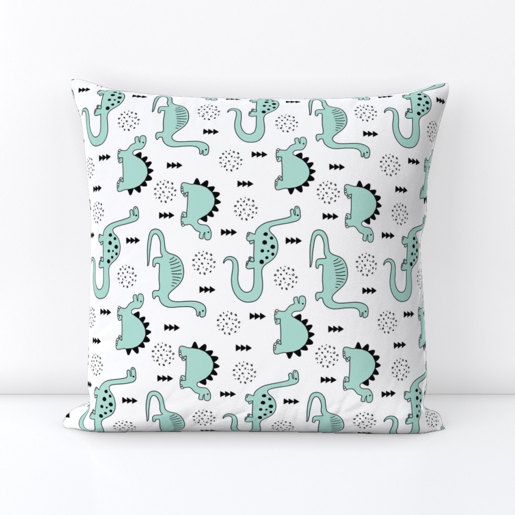 Adorable quirky dino illustration geometric dinosaur animals for kids black and white gender neutral mint rotated