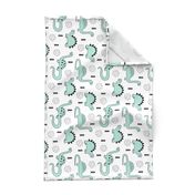 Adorable quirky dino illustration geometric dinosaur animals for kids black and white gender neutral mint rotated