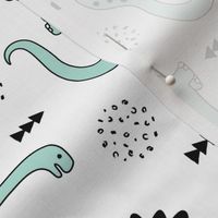 Adorable quirky dino illustration geometric dinosaur animals for kids black and white gender neutral mint rotated