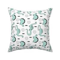 Adorable quirky dino illustration geometric dinosaur animals for kids black and white gender neutral mint rotated