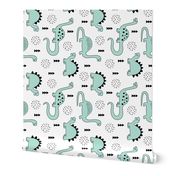 Adorable quirky dino illustration geometric dinosaur animals for kids black and white gender neutral mint rotated