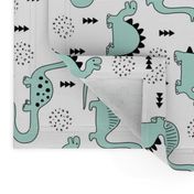 Adorable quirky dino illustration geometric dinosaur animals for kids black and white gender neutral mint rotated