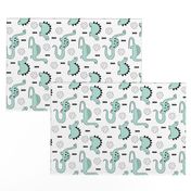 Adorable quirky dino illustration geometric dinosaur animals for kids black and white gender neutral mint rotated