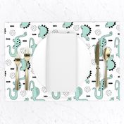 Adorable quirky dino illustration geometric dinosaur animals for kids black and white gender neutral mint rotated