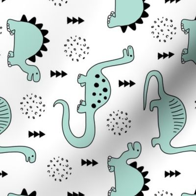 Adorable quirky dino illustration geometric dinosaur animals for kids black and white gender neutral mint rotated