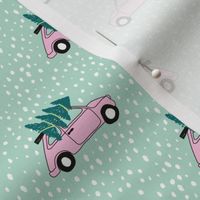 Driving home for Christmas Vintage Fiat 500 christmas tree winter snow wonderland pink