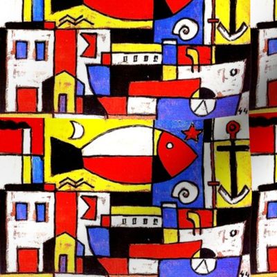 Mondrian abstract geometric modern fishes ships boats moon anchor stars buildings smoke chimneys shells cubism 