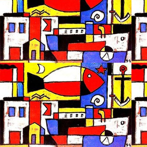 Mondrian abstract geometric modern fishes ships boats moon anchor stars buildings smoke chimneys shells cubism 