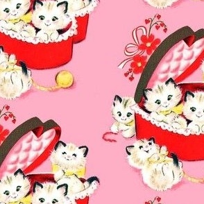 kittens cats hearts flowers bows ribbons boxes yarn wool valentine vintage retro kitsch playing