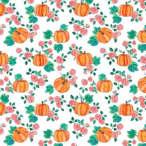 Tiny Pumpkins and Roses in watercolor on white