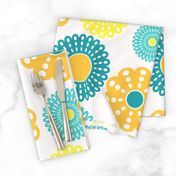 Retro yellow and aqua floral pattern with a cheerful vibe.