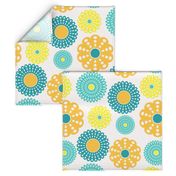 Retro yellow and aqua floral pattern with a cheerful vibe.