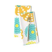 Retro yellow and aqua floral pattern with a cheerful vibe.