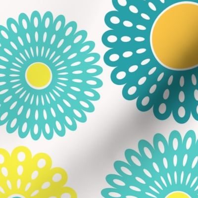 Retro yellow and aqua floral pattern with a cheerful vibe.