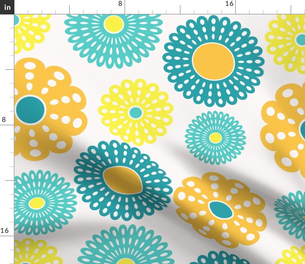 Retro yellow and aqua floral pattern with a cheerful vibe.